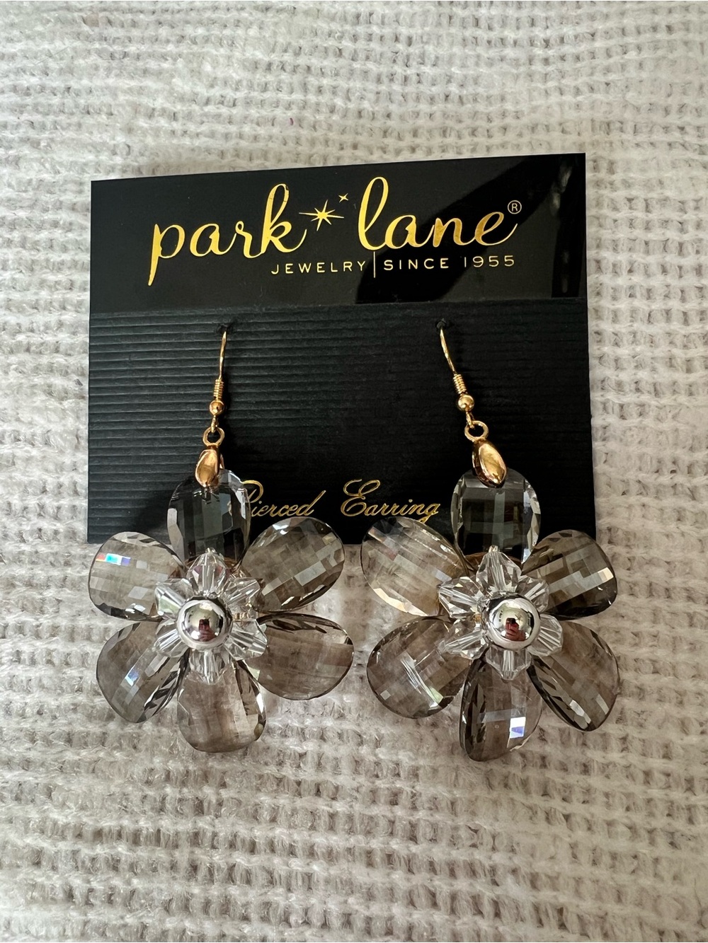 Park Lane Smoky Crystal Flower Dangle Earrings - Gold Hooks